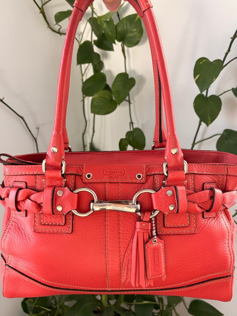Coach Red Leather Shoulder Bag with Braided Detail